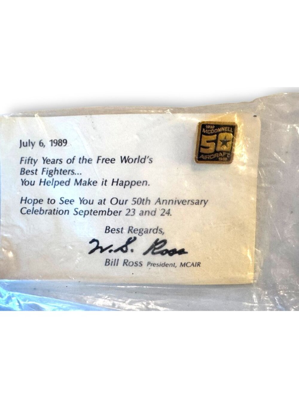 Vintage 1989 McDonnell Aircraft 50th Anniversary Pin Signed Bill Ross MCAIR New